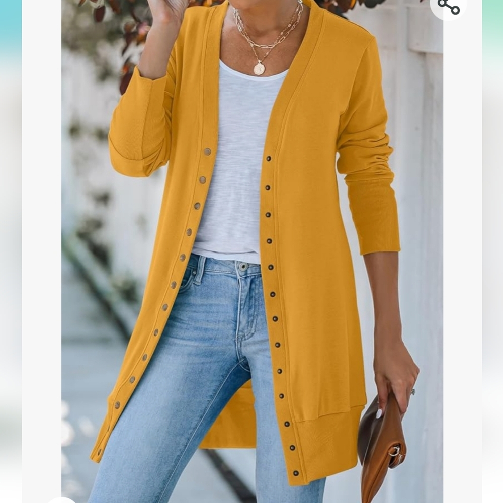Mustard Button-Front Long Cardigan Sweater